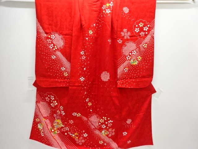 絞り雪輪に鈴・牡丹模様刺繍子供着物（重ね衿付き）